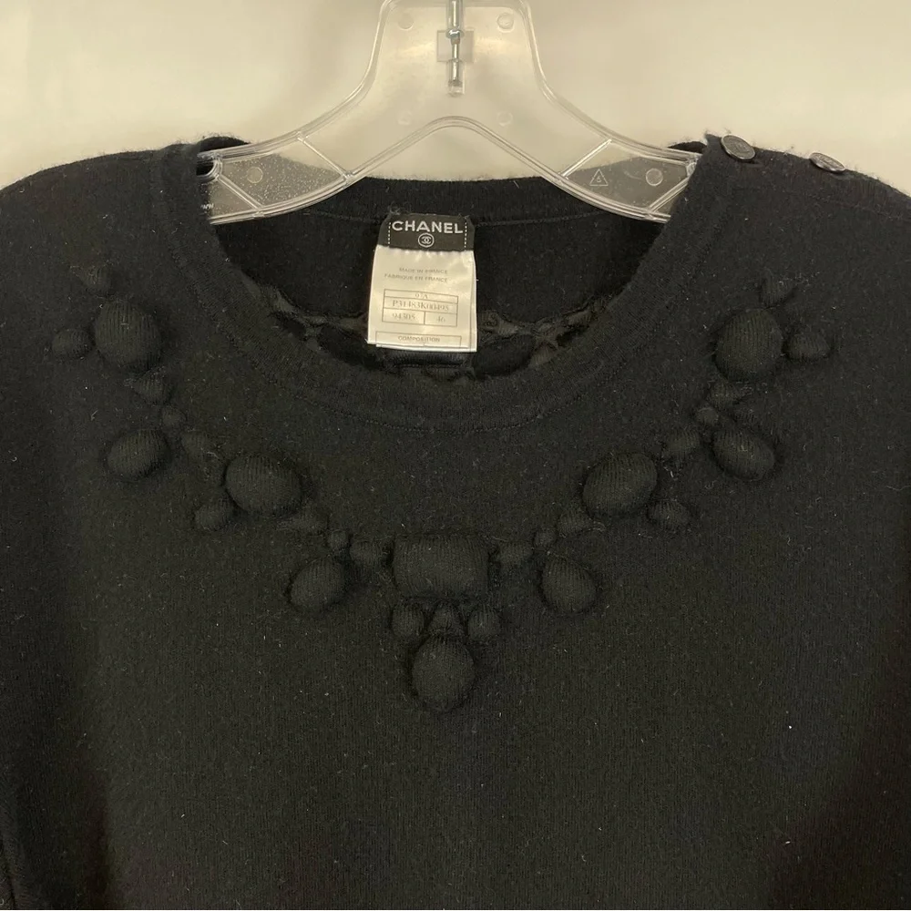 CHANEL Black Wool Sweater CC Button Pom Pom Bobble‎ Embellished Size 46 Vintage